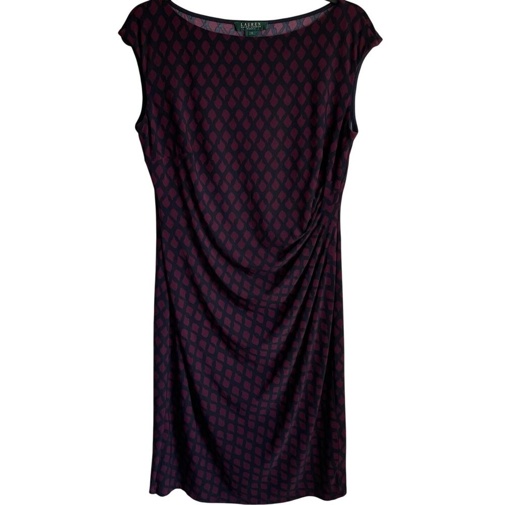 Lauren Ralph Lauren Sheath Dress Sz 12 Jersey Knit Stretch Ruched Burgundy Black